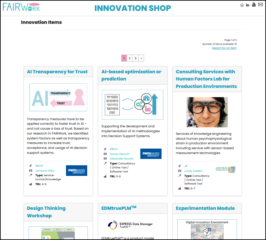 screenshot of the innovation shop item overview