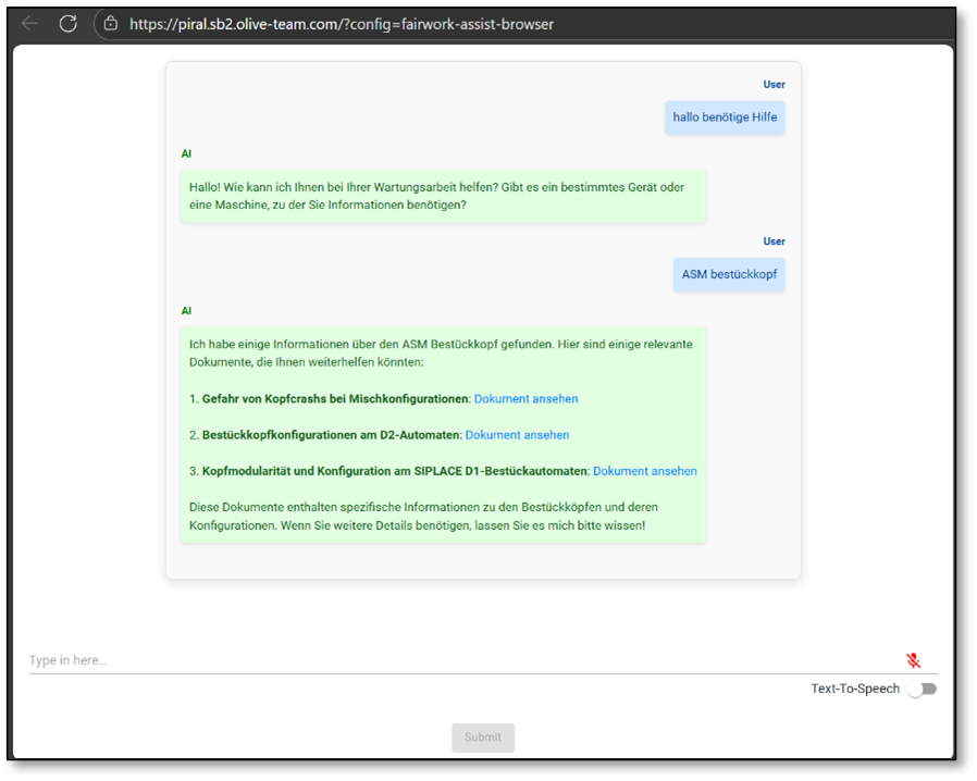 Example of the Chatbot interface, used for this use case